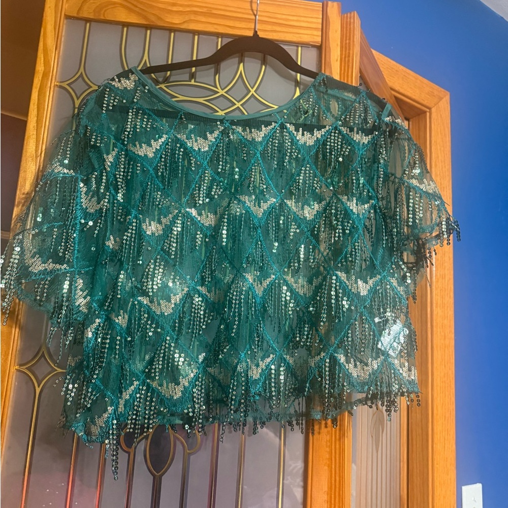 Teal Sequin Fringe Top